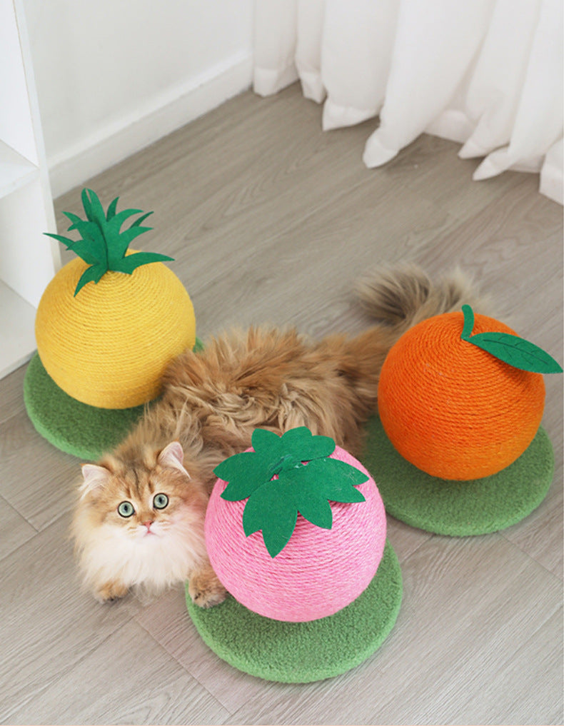 Yellow Pineapple And Green Base Fun Fruit Shaped Sisal Cat Scratcher Ball - Durable Scratching Toy with Stable Base