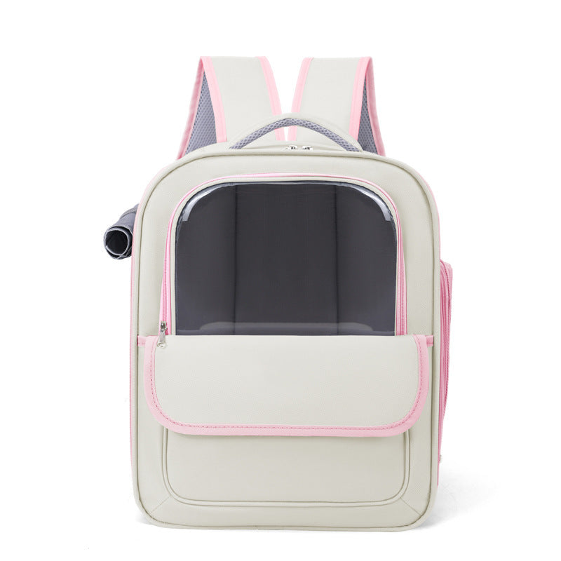 Beige And Pink Spacious Pet Carrier Backpack with Clear Window - Comfortable Travel Bag for Cats &amp; Small Dogs