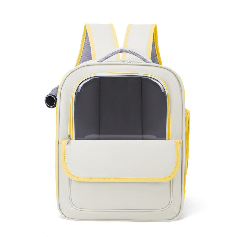 Beige And Yellow Spacious Pet Carrier Backpack with Clear Window - Comfortable Travel Bag for Cats &amp; Small Dogs