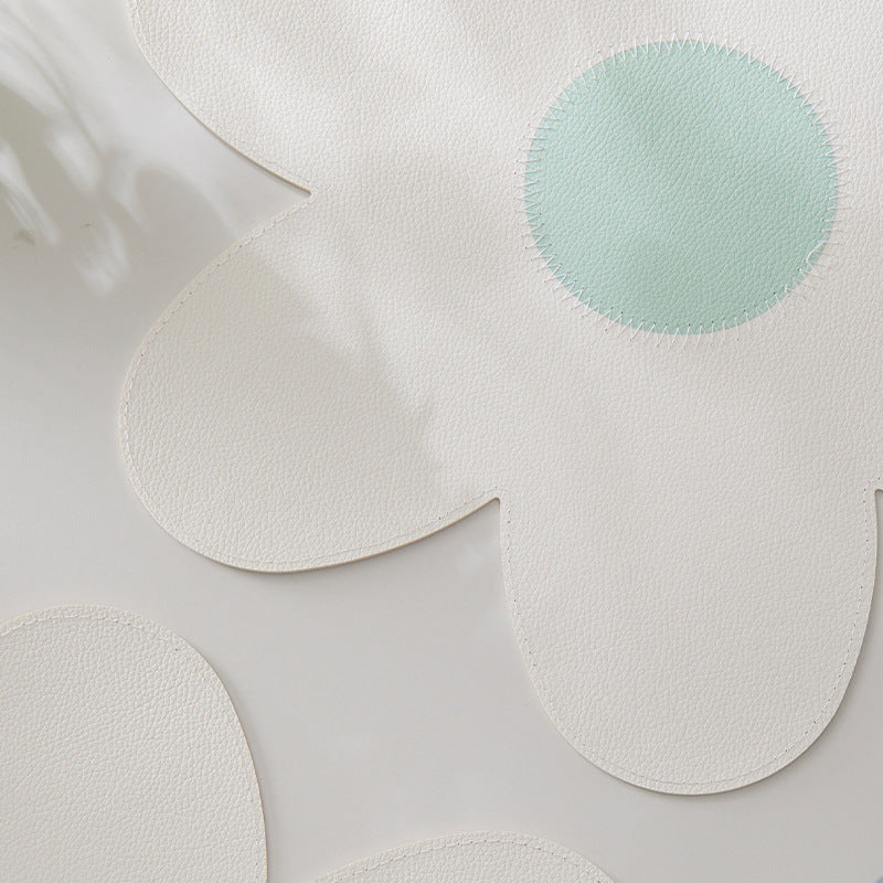 Blue Background With White Heart + Blue Background Set of 6 Reversible Flower Shaped Placemats - Waterproof PU Leather Dining Table Mats