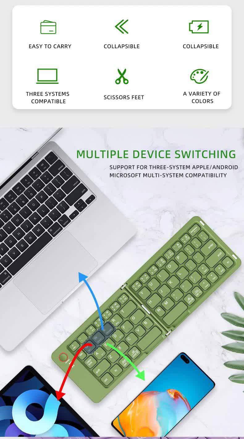 Pink Ultra-Slim Foldable Bluetooth Keyboard - Portable Wireless Rechargeable Travel Keyboard for iOS Android Windows Devices