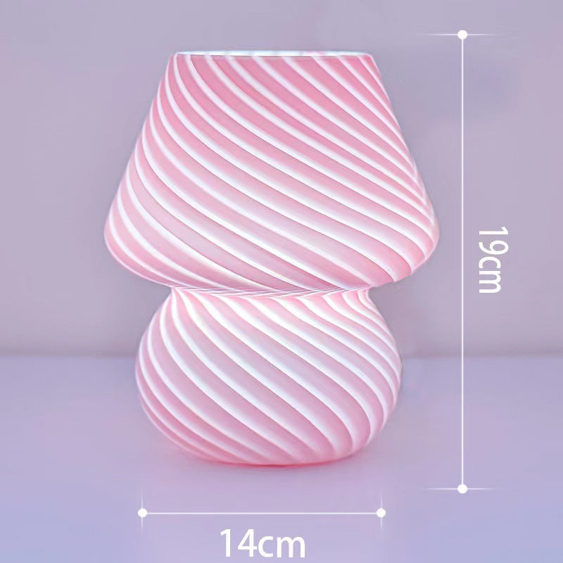 Pink Retro Swirl Glass Mushroom Table Lamp - USB Powered 3-Level Dimmable Bedside Accent Light