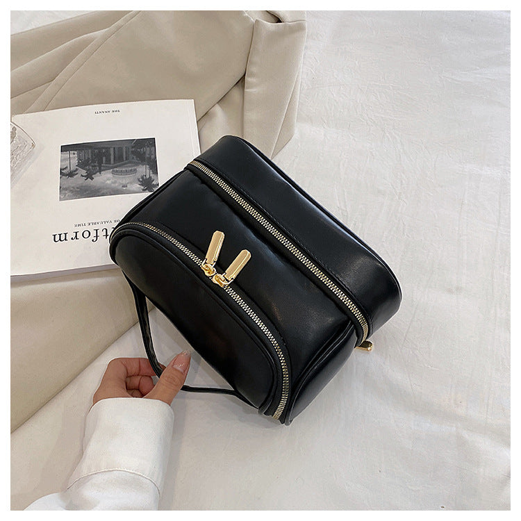 Black Large Capacity Double Layer PU Leather Makeup Bag - Portable Travel Cosmetic Organizer Case