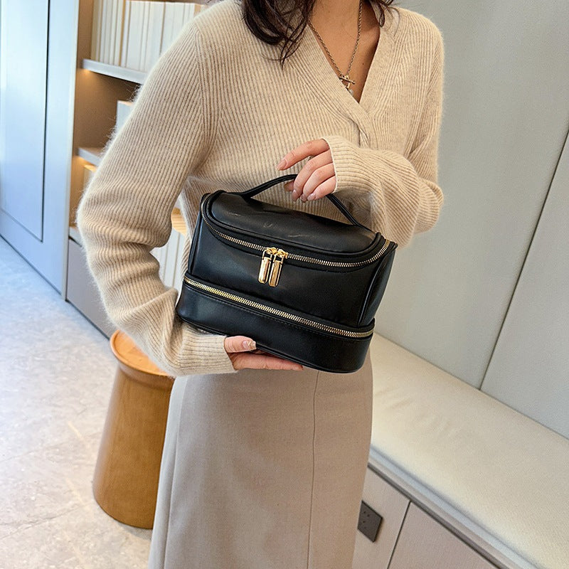 Black Large Capacity Double Layer PU Leather Makeup Bag - Portable Travel Cosmetic Organizer Case