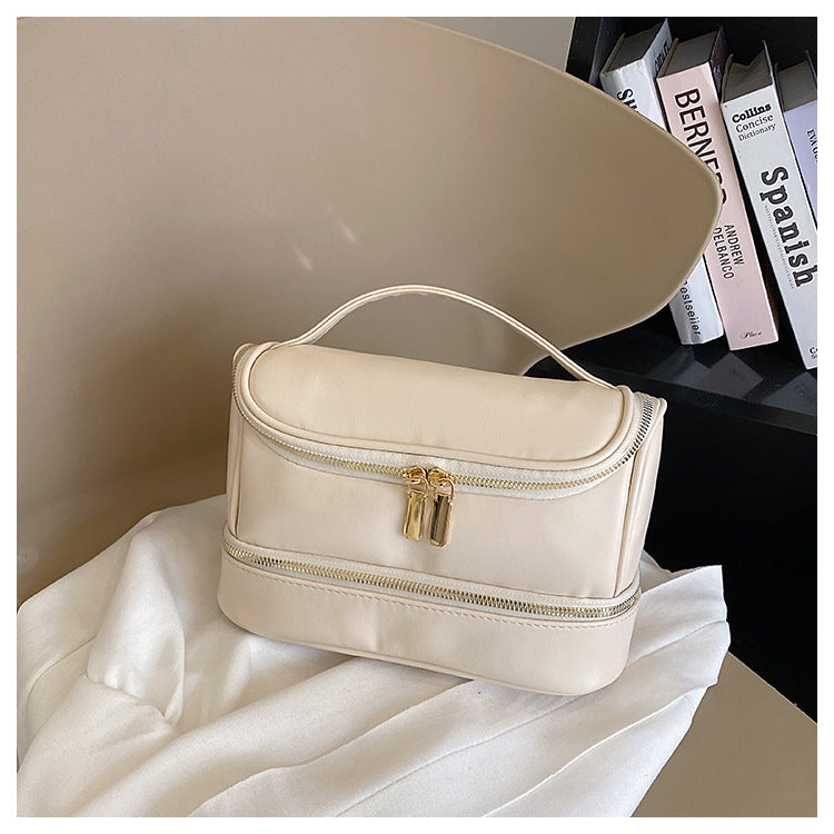 Beige Large Capacity Double Layer PU Leather Makeup Bag - Portable Travel Cosmetic Organizer Case