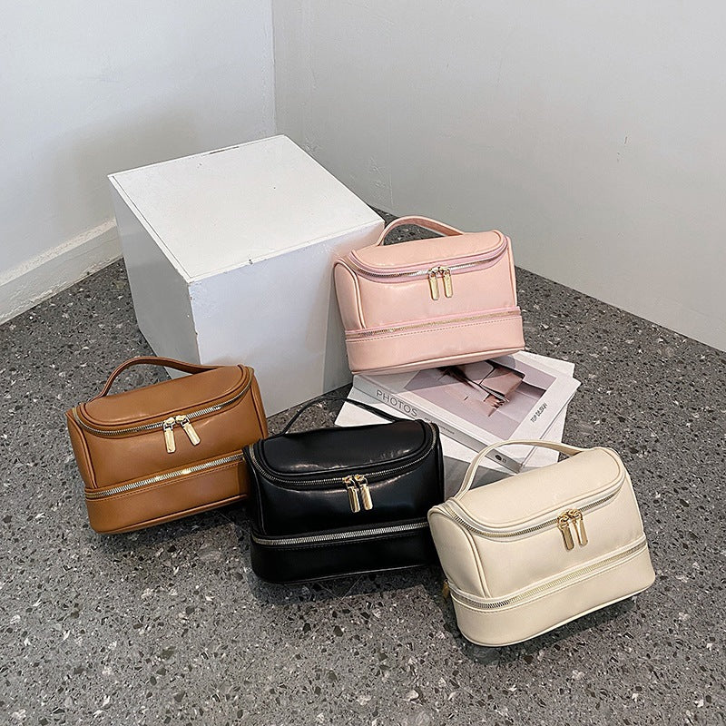 Beige Large Capacity Double Layer PU Leather Makeup Bag - Portable Travel Cosmetic Organizer Case