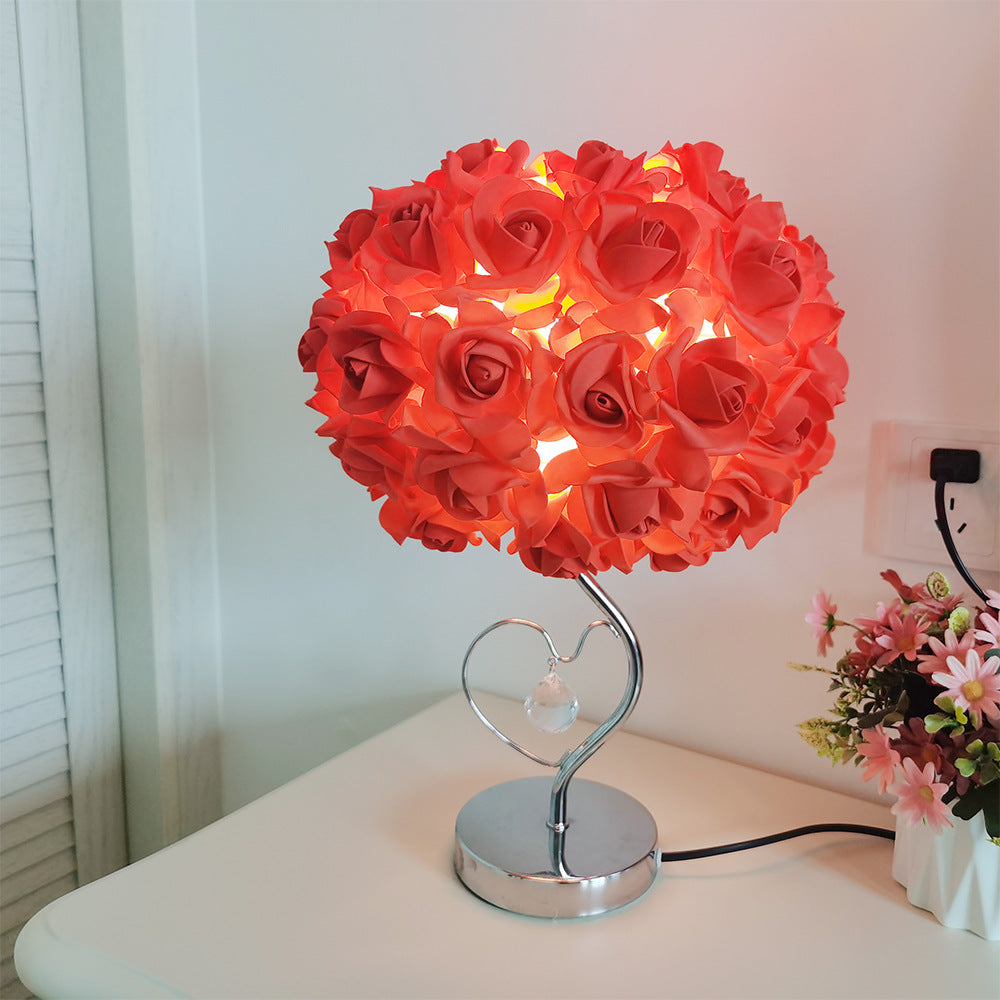 Red Roses And Silver Base Romantic Red Rose Flower Table Lamp - Crystal Heart Accent Bedside Night Light