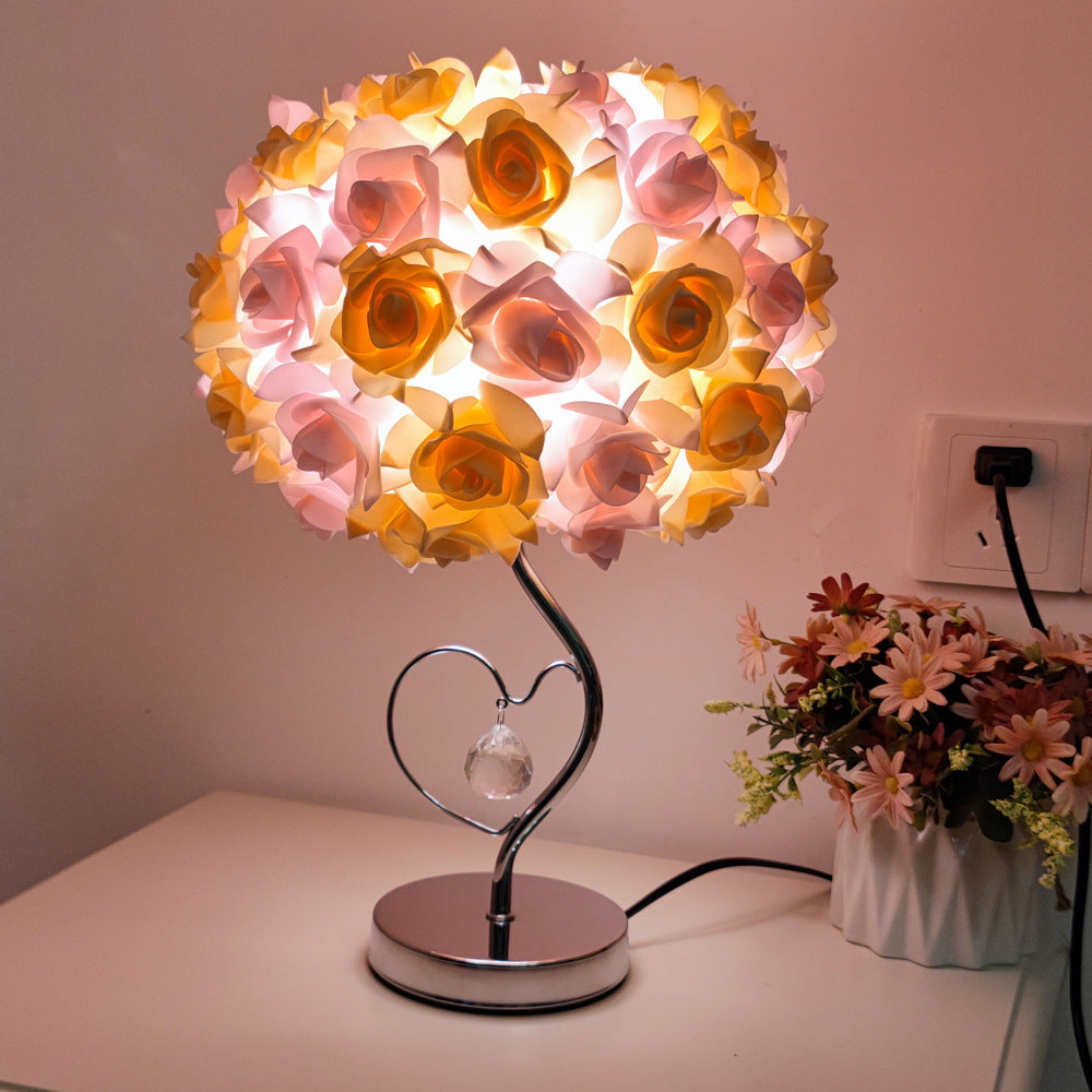 Pink,Yellow Roses And Silver Base Romantic Red Rose Flower Table Lamp - Crystal Heart Accent Bedside Night Light