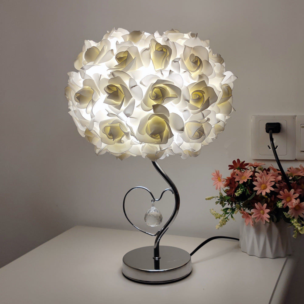 Beige Roses And Silver Base Romantic Red Rose Flower Table Lamp - Crystal Heart Accent Bedside Night Light