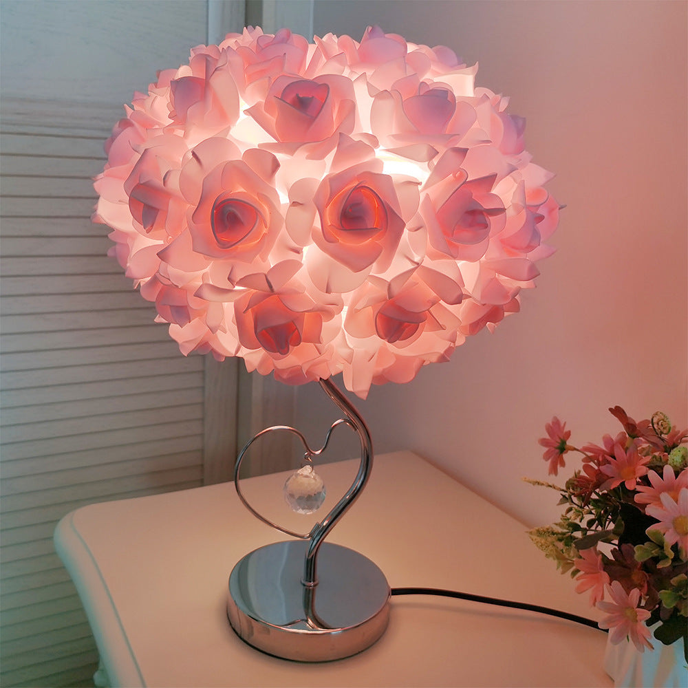 Beige Roses And Silver Base Romantic Red Rose Flower Table Lamp - Crystal Heart Accent Bedside Night Light