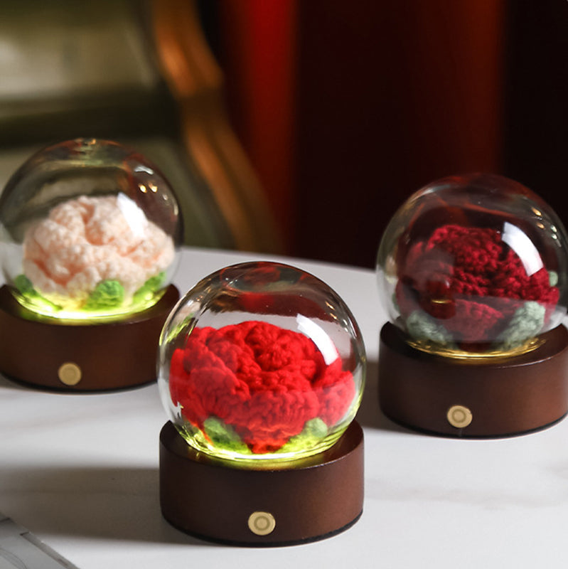 White Rose Handcrafted Crochet Flower LED Night Light - USB Rechargeable Glass Dome Lamp with Wood Base, 3 Color Modes