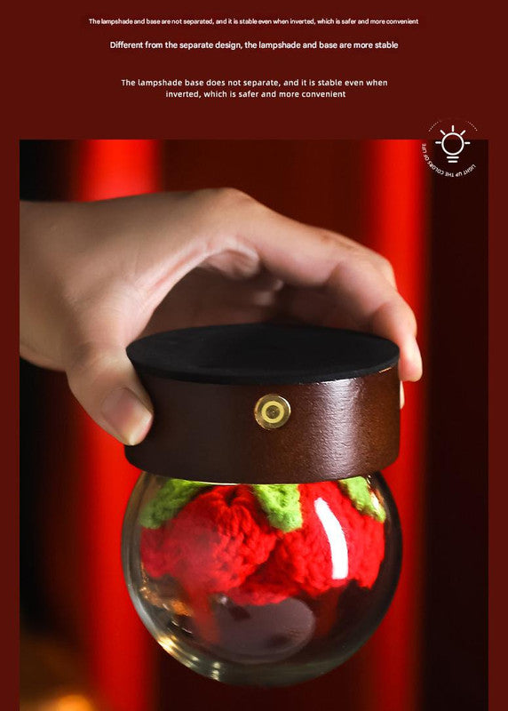 White Rose Handcrafted Crochet Flower LED Night Light - USB Rechargeable Glass Dome Lamp with Wood Base, 3 Color Modes