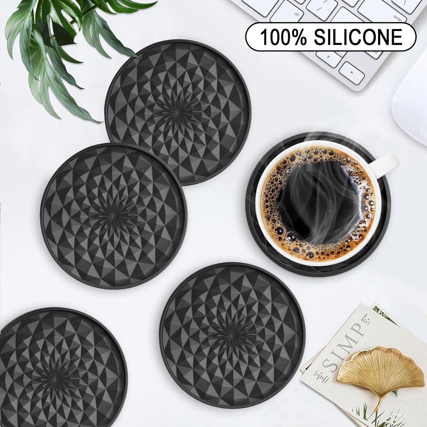 Black Geometric Silicone Drink Coasters Set (6 Pack) with Holder - Non-Slip Table Protectors