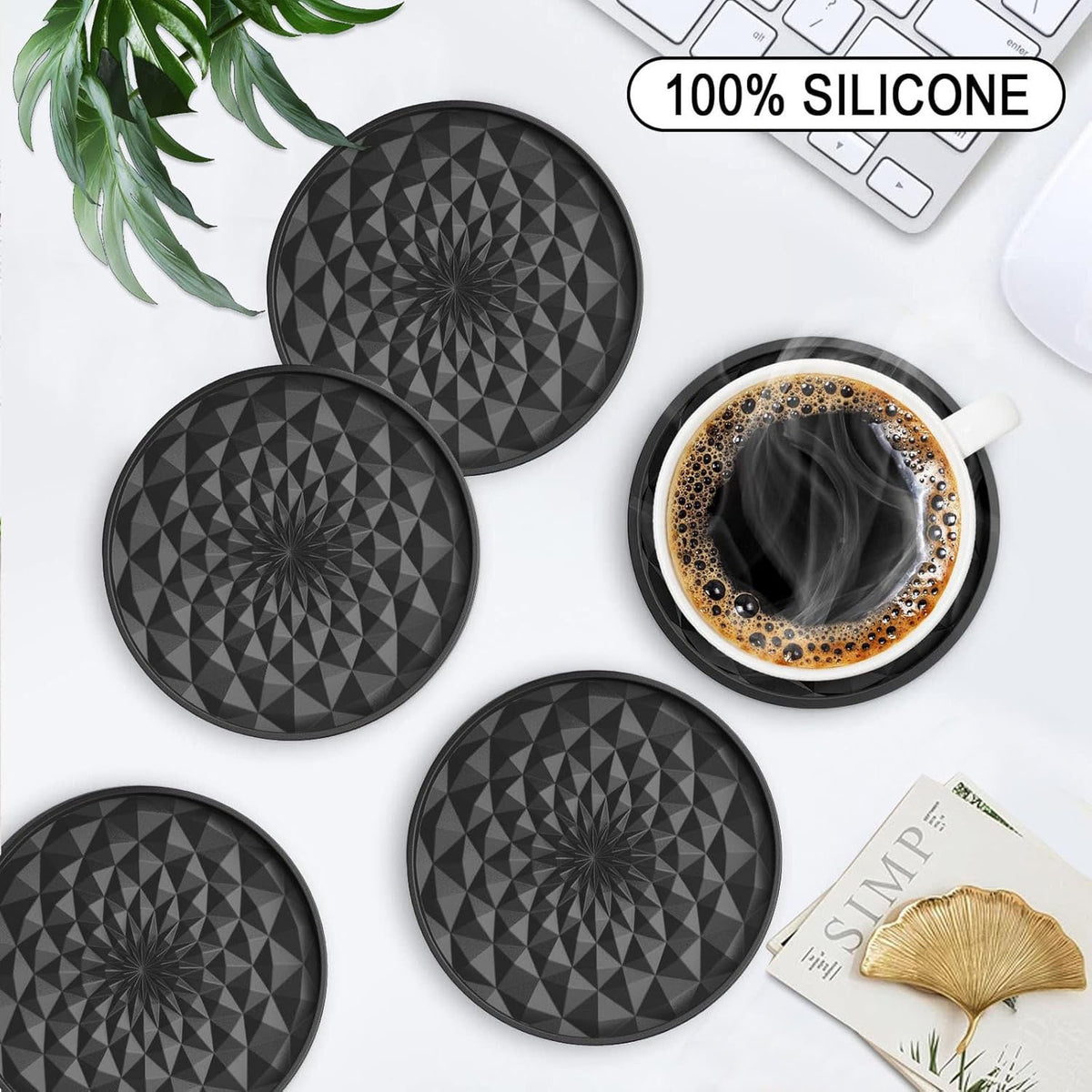 Green and Black Geometric Silicone Drink Coasters Set (6 Pack) with Holder - Non-Slip Table Protectors
