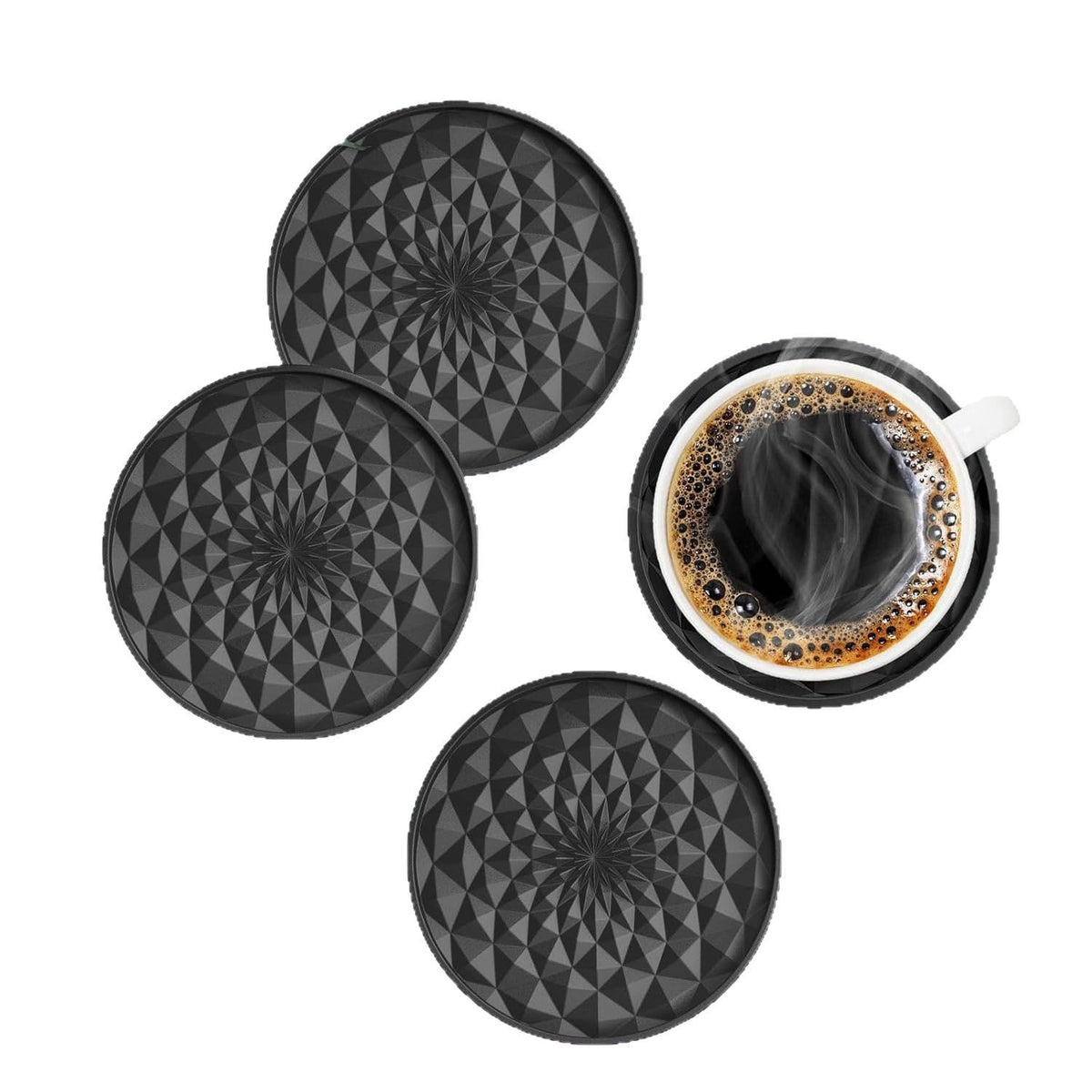 Grey and Black Geometric Silicone Drink Coasters Set (6 Pack) with Holder - Non-Slip Table Protectors