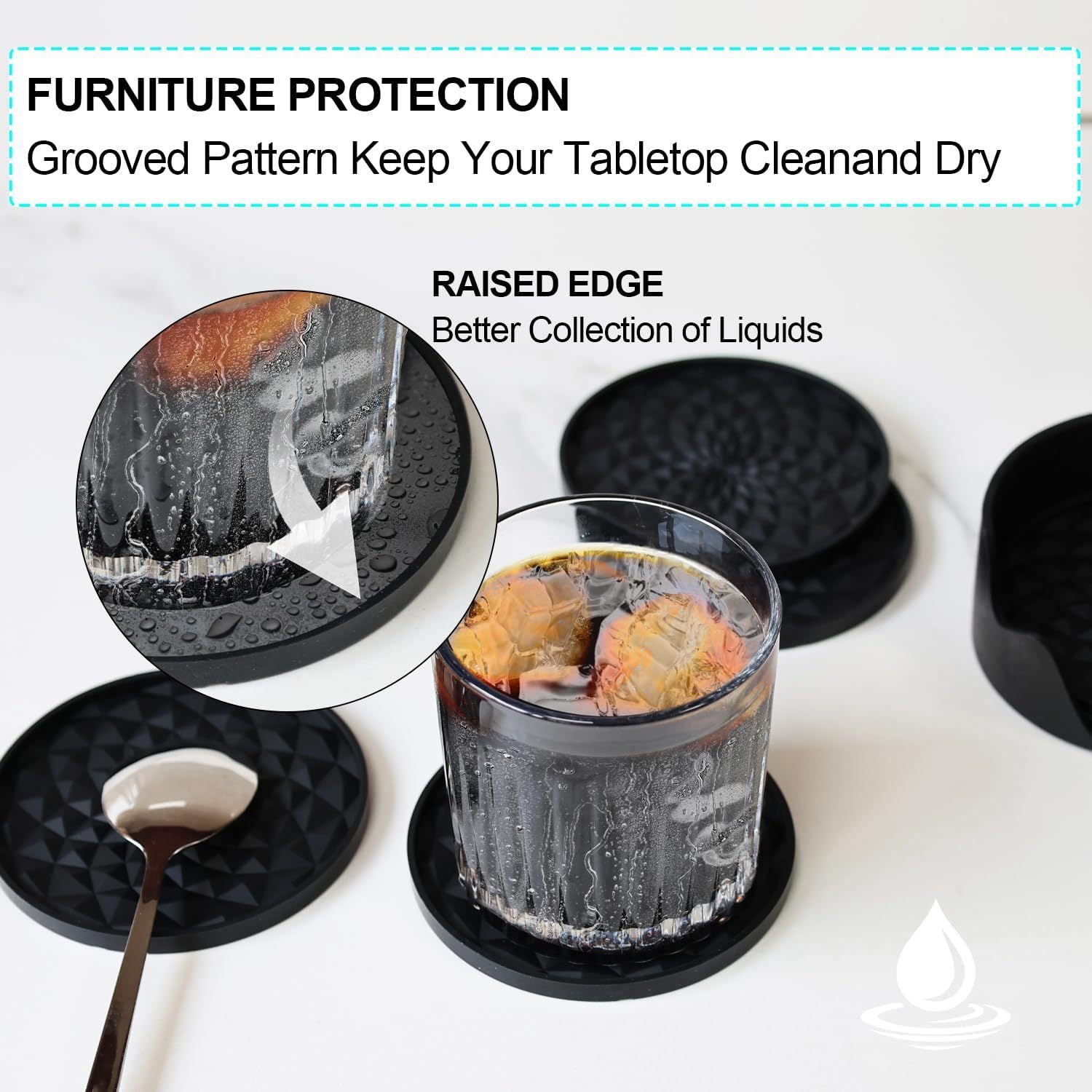 Grey and Black Geometric Silicone Drink Coasters Set (6 Pack) with Holder - Non-Slip Table Protectors