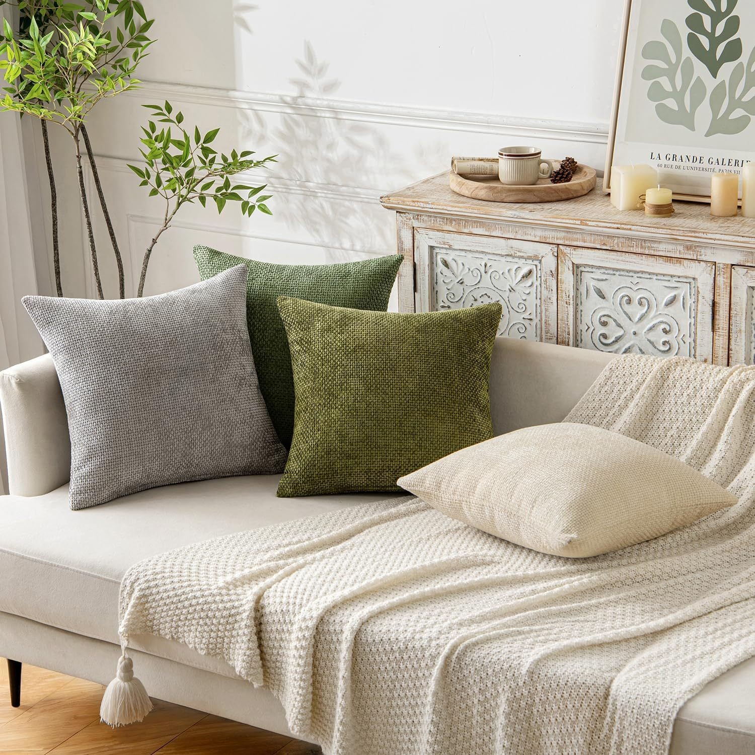 Khaki Plush Chenille Cushion Covers Set of 2 - Soft Textured Decorative Throw Pillow Cases for Sofa Couch, 45x45cm