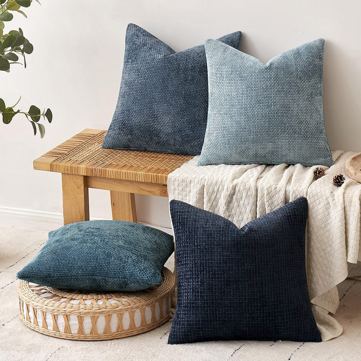 Pink Plush Chenille Cushion Covers Set of 2 - Soft Textured Decorative Throw Pillow Cases for Sofa Couch, 45x45cm