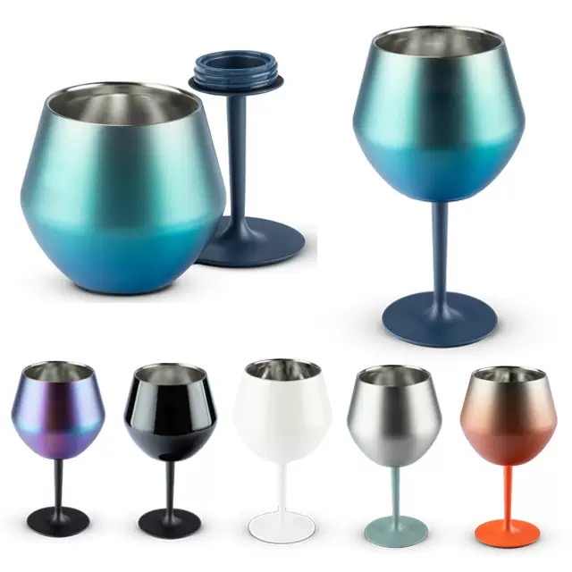 2 Pcs Blue Detachable Stainless Steel Wine Glass - 14oz (420ml) Portable Stemmed Goblet for Outdoors & Travel