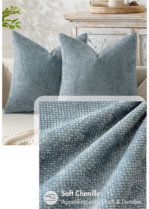 Light Blue Plush Chenille Cushion Covers Set of 2 - Soft Textured Decorative Throw Pillow Cases for Sofa Couch, 45x45cm