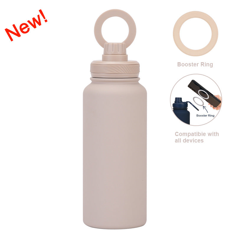 Beige 1L Stainless Steel Water Bottle with Magnetic Phone Holder Lid - Portable Hydration &amp; Hands-Free Stand