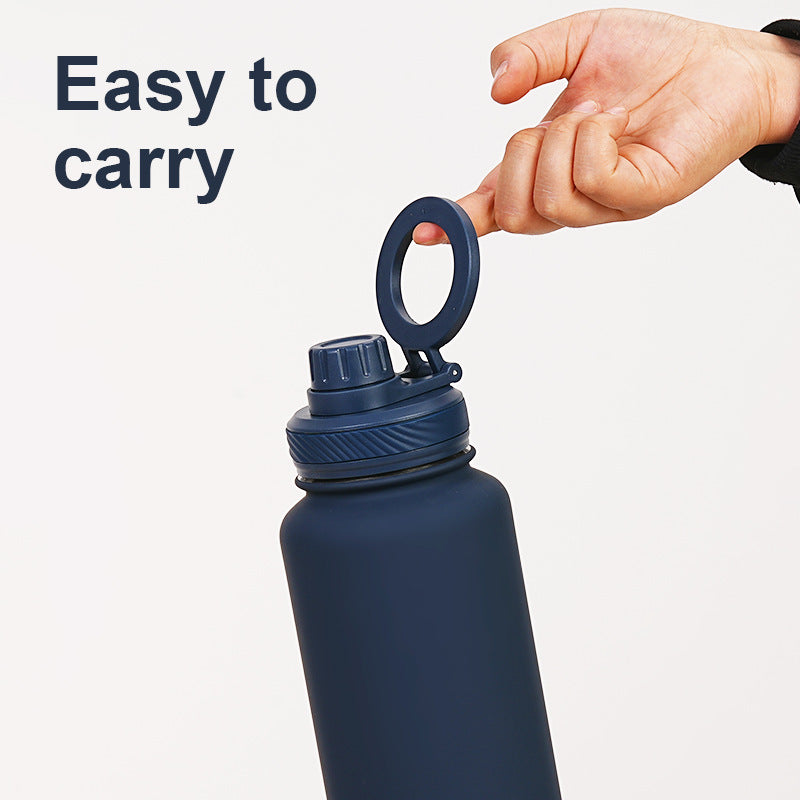 Beige 1L Stainless Steel Water Bottle with Magnetic Phone Holder Lid - Portable Hydration & Hands-Free Stand