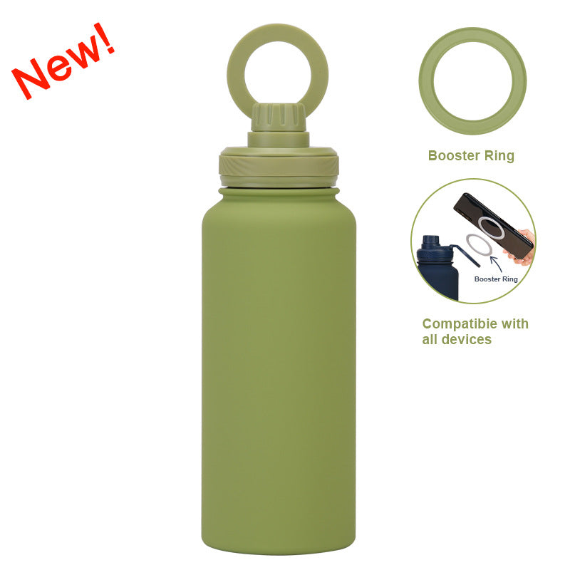 Matcha Green 1L Stainless Steel Water Bottle with Magnetic Phone Holder Lid - Portable Hydration &amp; Hands-Free Stand