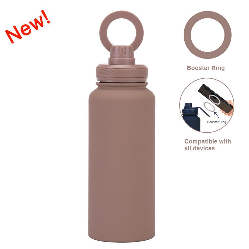Brown 1L Stainless Steel Water Bottle with Magnetic Phone Holder Lid - Portable Hydration &amp; Hands-Free Stand