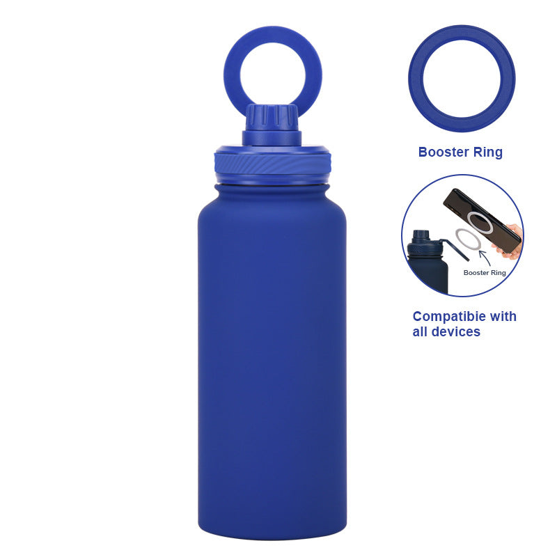 Bright Blue 1L Stainless Steel Water Bottle with Magnetic Phone Holder Lid - Portable Hydration &amp; Hands-Free Stand