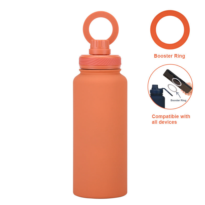 Orange 1L Stainless Steel Water Bottle with Magnetic Phone Holder Lid - Portable Hydration &amp; Hands-Free Stand