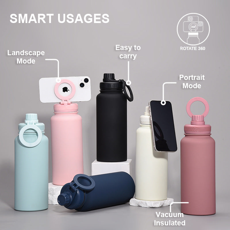 Orange 1L Stainless Steel Water Bottle with Magnetic Phone Holder Lid - Portable Hydration & Hands-Free Stand