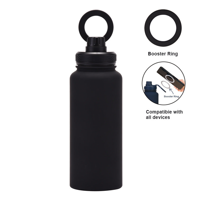 Black 1L Stainless Steel Water Bottle with Magnetic Phone Holder Lid - Portable Hydration &amp; Hands-Free Stand