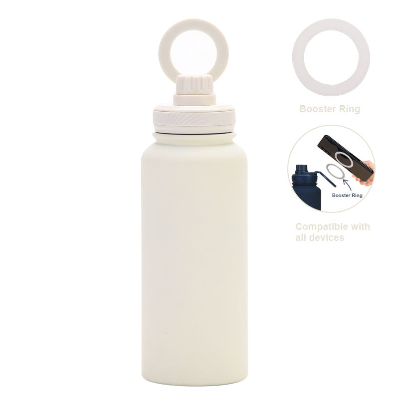 White 1L Stainless Steel Water Bottle with Magnetic Phone Holder Lid - Portable Hydration &amp; Hands-Free Stand