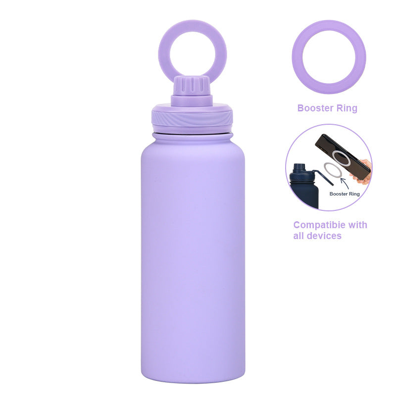 Purple 1L Stainless Steel Water Bottle with Magnetic Phone Holder Lid - Portable Hydration &amp; Hands-Free Stand