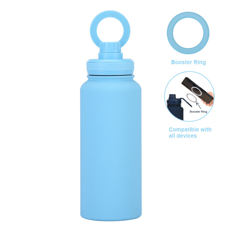 Light Blue 1L Stainless Steel Water Bottle with Magnetic Phone Holder Lid - Portable Hydration &amp; Hands-Free Stand