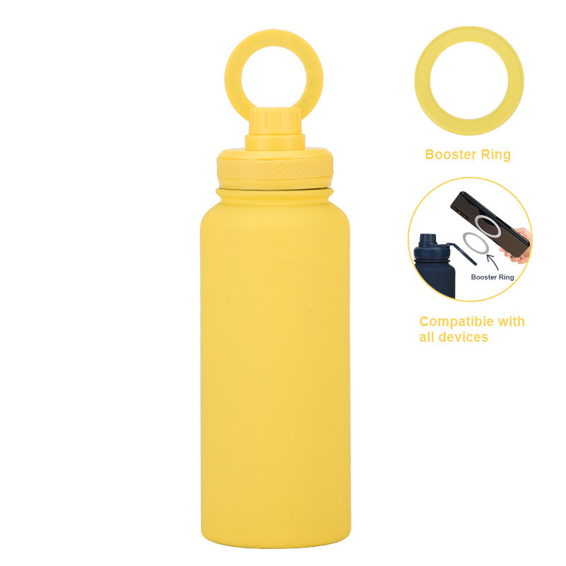 Yellow 1L Stainless Steel Water Bottle with Magnetic Phone Holder Lid - Portable Hydration &amp; Hands-Free Stand