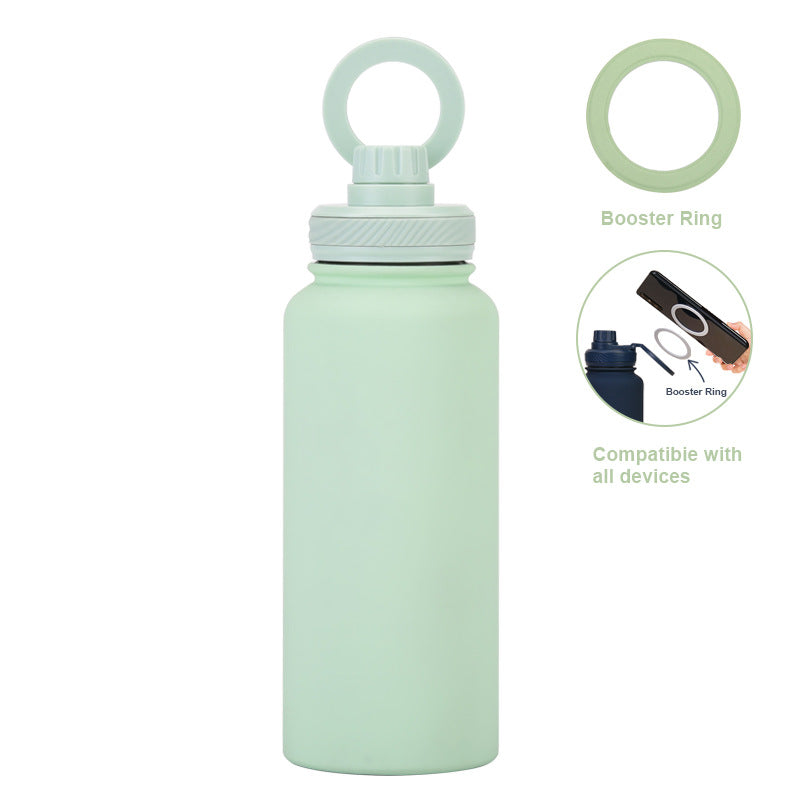 Light Green 1L Stainless Steel Water Bottle with Magnetic Phone Holder Lid - Portable Hydration &amp; Hands-Free Stand