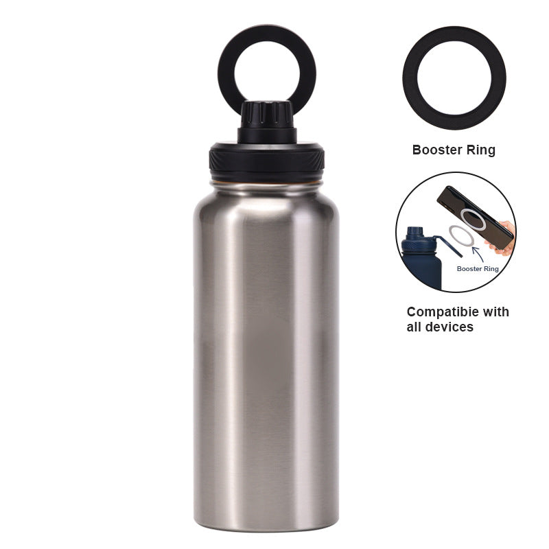 Silver and Black 1L Stainless Steel Water Bottle with Magnetic Phone Holder Lid - Portable Hydration & Hands-Free Stand
