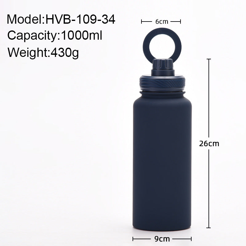 Silver and Black 1L Stainless Steel Water Bottle with Magnetic Phone Holder Lid - Portable Hydration & Hands-Free Stand