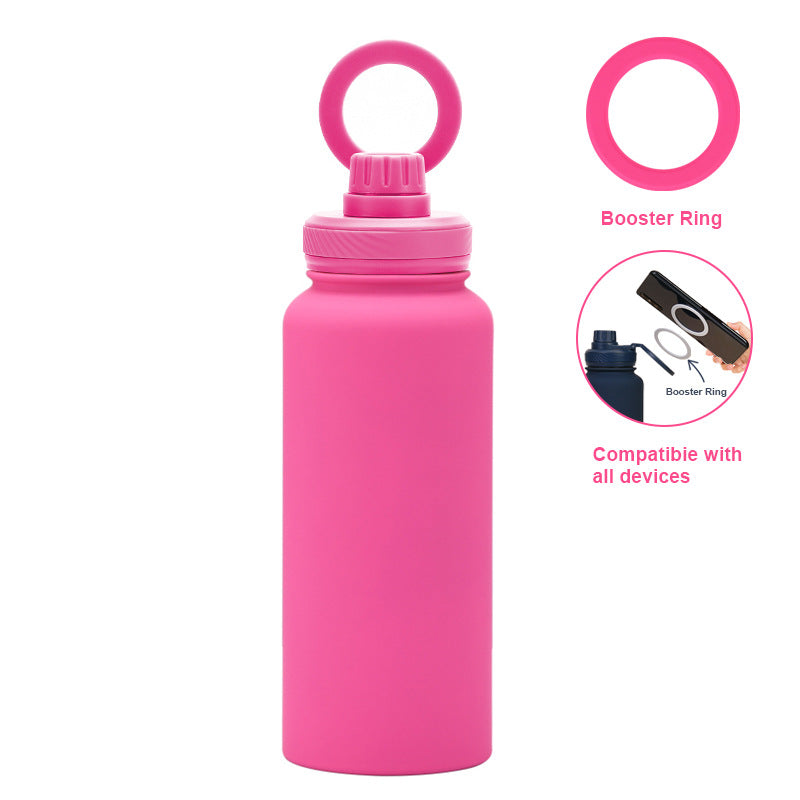 Rose Red 1L Stainless Steel Water Bottle with Magnetic Phone Holder Lid - Portable Hydration &amp; Hands-Free Stand
