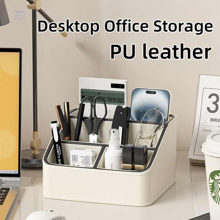 Black Stylish PU Leather Desktop Organizer Caddy - Multi-Compartment Holder for Remotes, Office Supplies, Makeup
