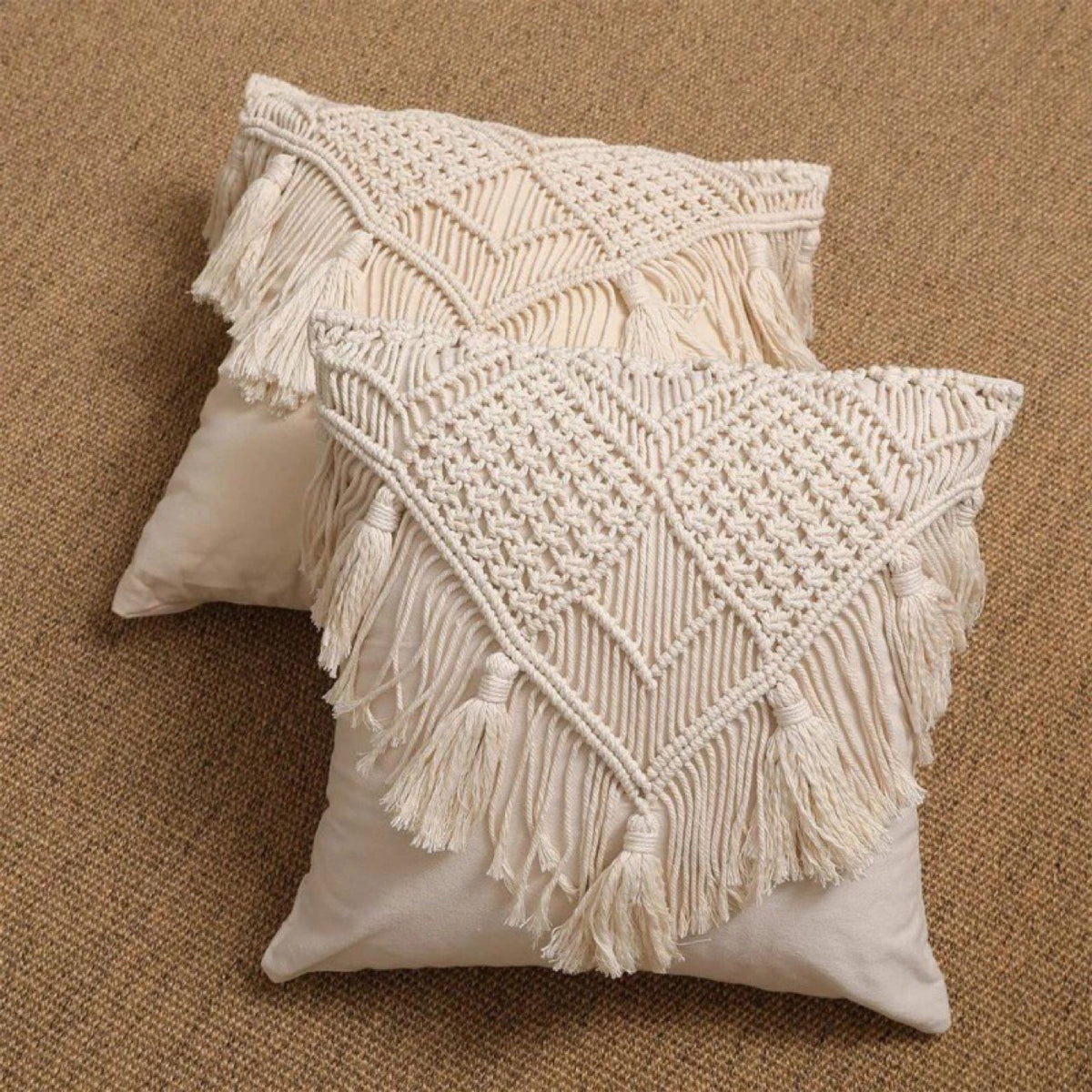 Beige Boho Chic Macrame Cushion Cover - Handmade Woven Cotton Linen Pillow Case with Tassels - Decorative Throw Pillow Sham 45x45cm (Cover Only)