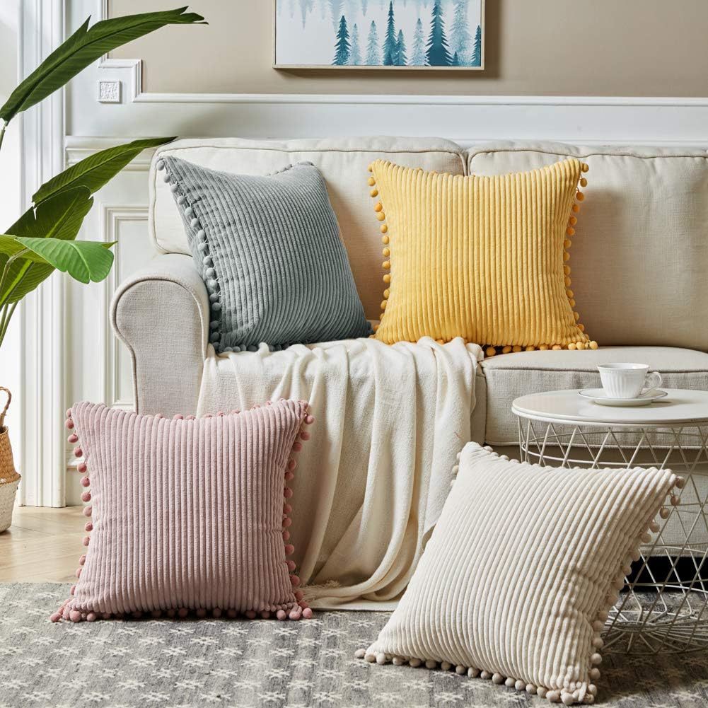 Blue Soft Corduroy Cushion Cover Set (1 Square + 1 Rectangular) with Pom Pom Trim - Decorative Throw Pillow Cases for Sofa Couch