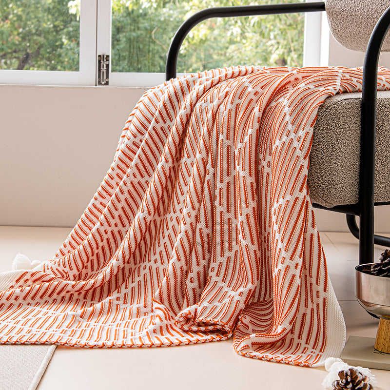 Orange and Beige Diamond Pattern Soft Cozy Knit Throw Blanket with Tassels - Geometric Pattern Lightweight Acrylic Blanket for Sofa Couch Bed, 130x150cm