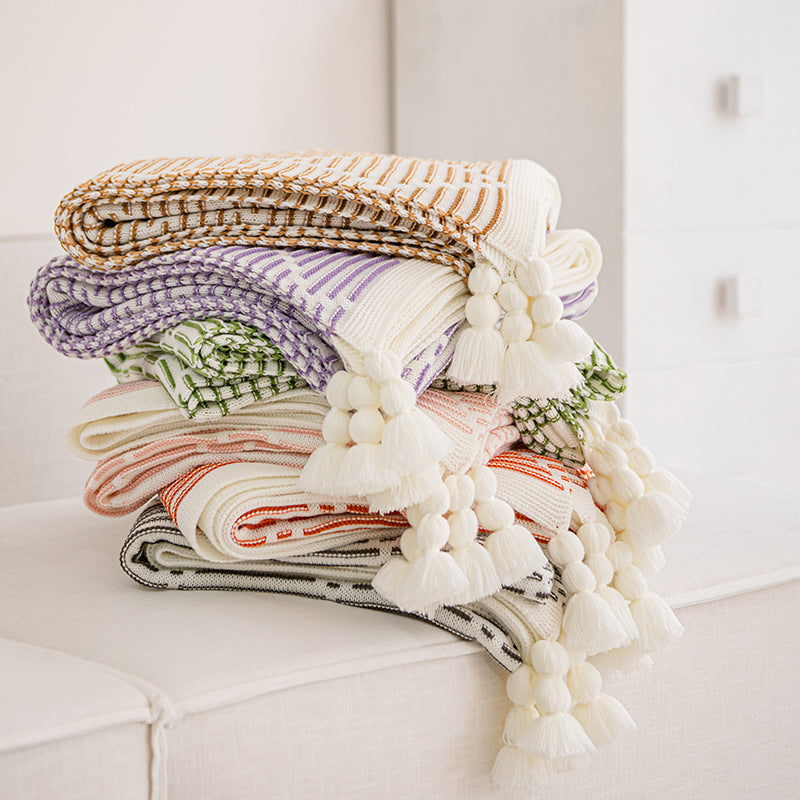 Purple and Beige Diamond Pattern Soft Cozy Knit Throw Blanket with Tassels - Geometric Pattern Lightweight Acrylic Blanket for Sofa Couch Bed, 130x150cm