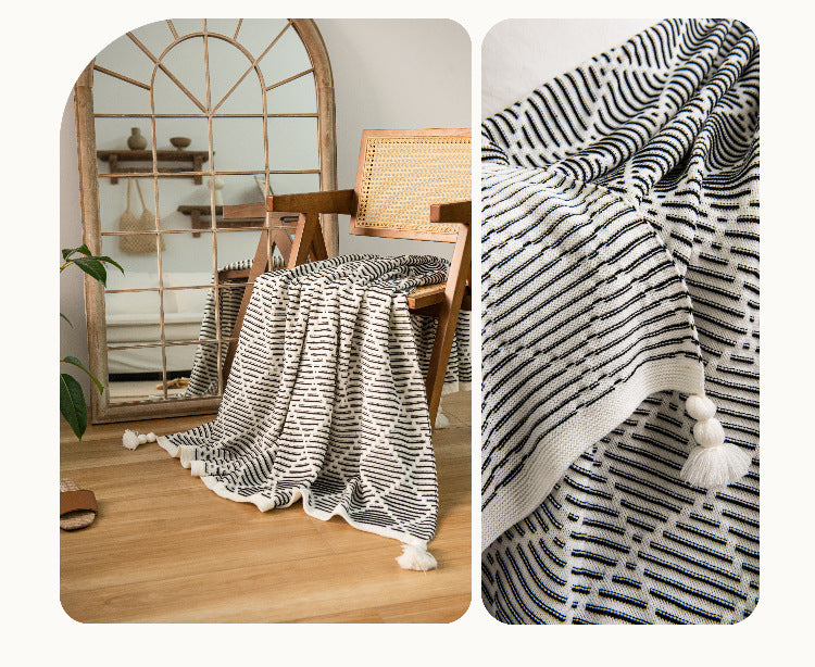 Purple and Beige Diamond Pattern Soft Cozy Knit Throw Blanket with Tassels - Geometric Pattern Lightweight Acrylic Blanket for Sofa Couch Bed, 130x150cm