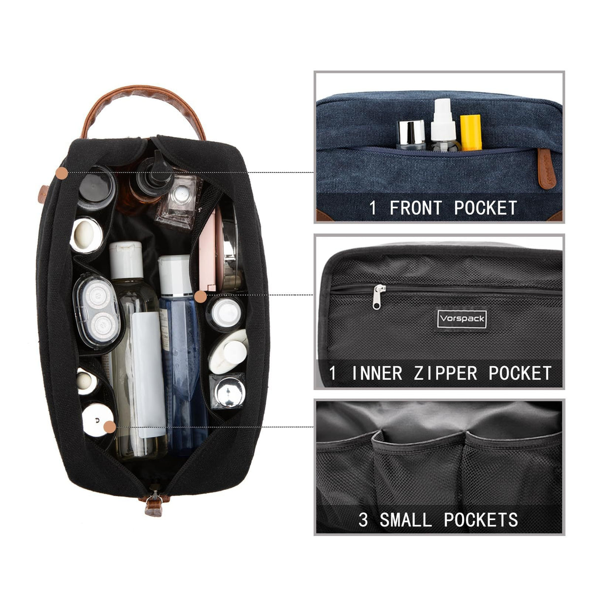 Black And Brown Men's Canvas Toiletry Bag - Large Capacity Water-Resistant Travel Organizer Dopp Kit with Handle