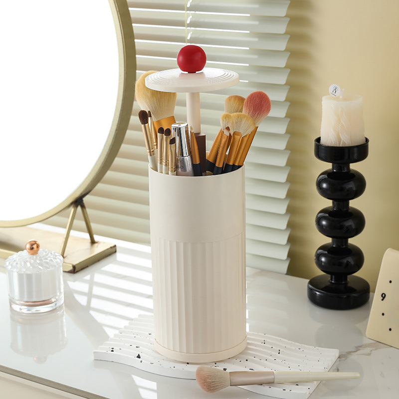 Beige Automatic Lifting Makeup Brush Holder - Dustproof Desktop Organizer with Lid &amp; Compartments