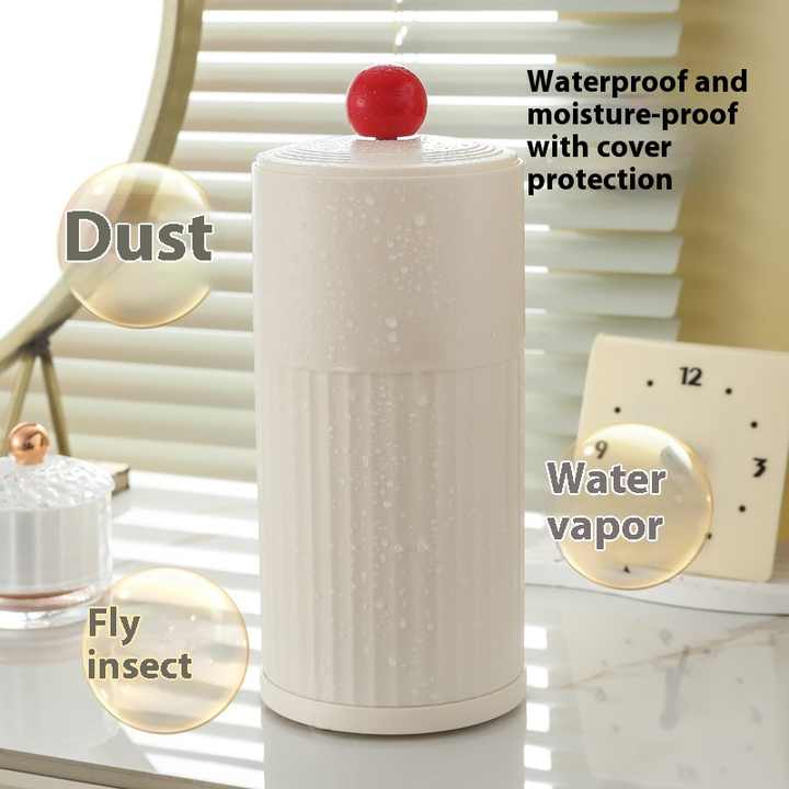 Beige Automatic Lifting Makeup Brush Holder - Dustproof Desktop Organizer with Lid & Compartments