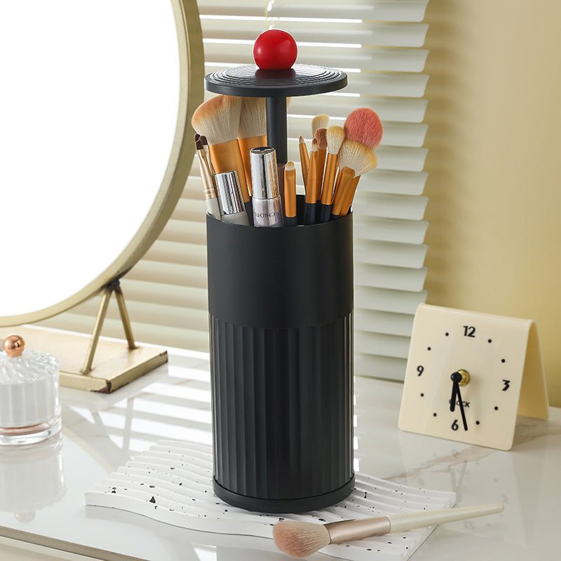 Black Automatic Lifting Makeup Brush Holder - Dustproof Desktop Organizer with Lid &amp; Compartments